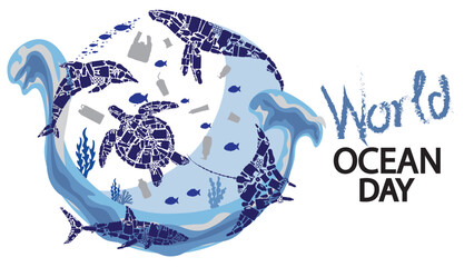 Ocean plastic pollution and world ocean day with sea animal page template icon vector illustration