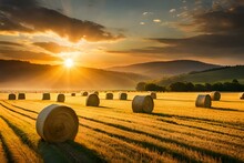 Hay Bales In The Field At Sunset Generated Ai