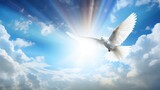 Fototapeta  - White dove with wings wide open in the blue sky air with clouds and sunbeams. Generative AI