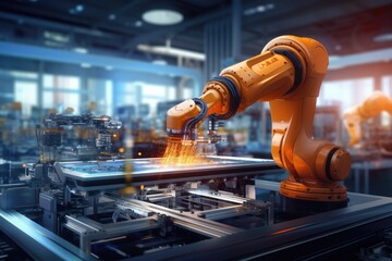 Fototapete - Robotic arm for electronic assembly line. Smart modern factory automation using advanced machines. Generative AI