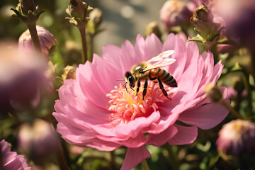 a bee collects pollen from flowers in the garden