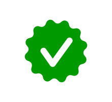 Check tick mark on wavy edge green circle sticker. Star burst shape tag with approved icon. Premium official account. Verify icon stamp. Vector illustration isolated on white background.