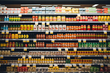 A Grocery Store Aisle With Labels Indicating Healthy Alternatives. 