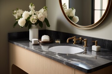 Wall Mural - The bathroom boasts an exquisite design featuring a white oak vanity, a marble countertop, elegant golden fixtures, and a sleek circular mirror in black.