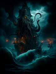 Wall Mural - Fantasy style and characters. Kraken attacks a caravan of ships
