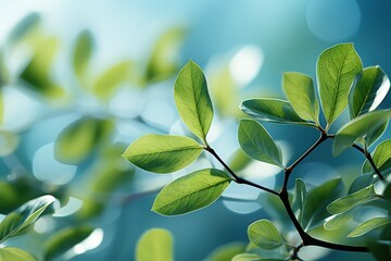 Wall Mural - Delicately natural fresh leaf background in soft daylight with beautiful bokeh and pastel green colors, close-up macro. Made with Generative AI