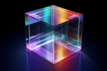 3d crystal glass cube with refraction and holograph.