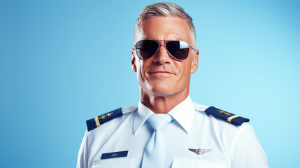 Wall Mural - Experienced male pilot in uniform with aviator sunglasses on a sky blue background