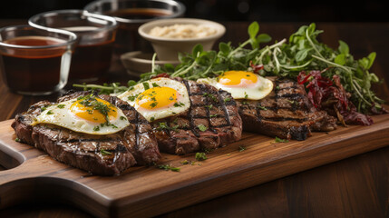 A mouthwatering image of a perfectly grilled steak and egg dish. Food Wallpaper. Generative Ai.