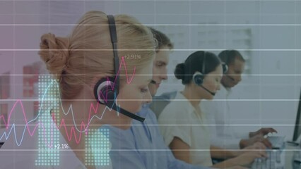 Wall Mural - Animation of financial data processing over diverse business people with phone headsets