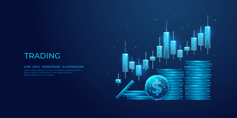 Leinwandbilder - Digital stock exchange trading. Investment candle sticks and dollar coins in blue modern abstract polygonal style with 3D effect on the technological background. Low poly wireframe vector illustration