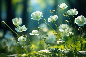 Wall Mural - Floral fresh background in soft daylight with beautiful bokeh and pastel green colors, close-up macro. Made with Generative AI