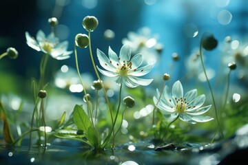 Wall Mural - Floral fresh background in soft daylight with beautiful bokeh and pastel green colors, close-up macro. Made with Generative AI