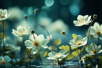 Wall Mural - Floral fresh background in soft daylight with beautiful bokeh and pastel green colors, close-up macro. Made with Generative AI
