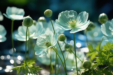 Wall Mural - Floral fresh background in soft daylight with beautiful bokeh and pastel green colors, close-up macro. Made with Generative AI