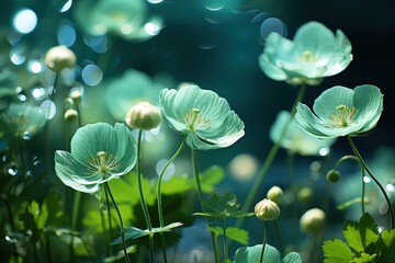 Wall Mural - Floral fresh background in soft daylight with beautiful bokeh and pastel green colors, close-up macro. Made with Generative AI