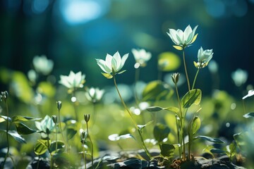Wall Mural - Floral fresh background in soft daylight with beautiful bokeh and pastel green colors, close-up macro. Made with Generative AI