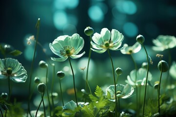 Wall Mural - Floral fresh background in soft daylight with beautiful bokeh and pastel green colors, close-up macro. Made with Generative AI