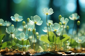 Wall Mural - Floral fresh background in soft daylight with beautiful bokeh and pastel green colors, close-up macro. Made with Generative AI