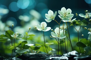 Wall Mural - Floral fresh background in soft daylight with beautiful bokeh and pastel green colors, close-up macro. Made with Generative AI