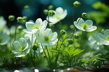 Wall Mural - Floral fresh background in soft daylight with beautiful bokeh and pastel green colors, close-up macro. Made with Generative AI