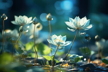 Wall Mural - Floral fresh background in soft daylight with beautiful bokeh and pastel green colors, close-up macro. Made with Generative AI
