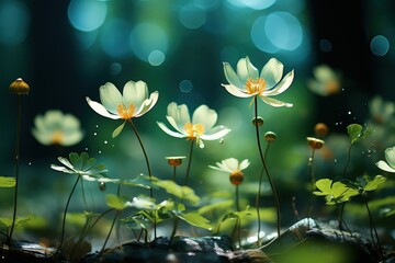 Wall Mural - Floral fresh background in soft daylight with beautiful bokeh and pastel green colors, close-up macro. Made with Generative AI