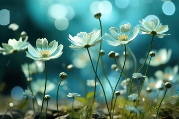 Wall Mural - Floral fresh background in soft daylight with beautiful bokeh and pastel green colors, close-up macro. Made with Generative AI