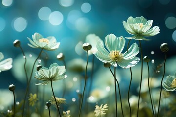 Wall Mural - Floral fresh background in soft daylight with beautiful bokeh and pastel green colors, close-up macro. Made with Generative AI