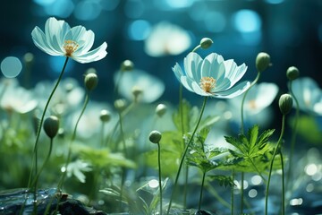 Wall Mural - Floral fresh background in soft daylight with beautiful bokeh and pastel green colors, close-up macro. Made with Generative AI