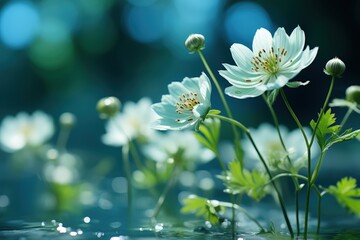Wall Mural - Floral fresh background in soft daylight with beautiful bokeh and pastel green colors, close-up macro. Made with Generative AI