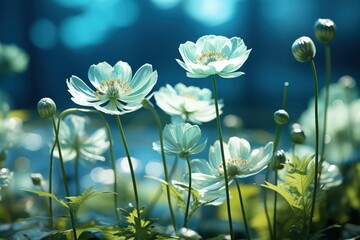 Wall Mural - Floral fresh background in soft daylight with beautiful bokeh and pastel green colors, close-up macro. Made with Generative AI
