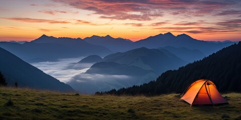 Wall Mural - outdoor travel and adventure. camping lifestyle in mountains. tent and landscape background