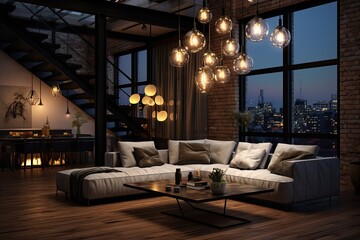 Stylish living space adorned with trendy interior decoration. Loft inspired incandescent lighting fixture. Contemporary design for homes with an updated aesthetic.