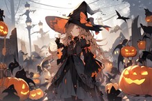 A Witch With Blond Hair, Jack-o'-lanterns On Background, Anime Style. Generative AI