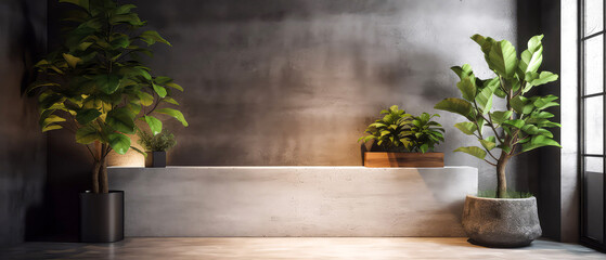 Wall Mural - Loft contemporary interior mockup. Empty spacious apartment, room with concrete texture wall with tropical plants. Overlay shadow effect. Place for text. Minimal background. Generative ai.