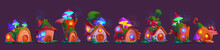 Fairytale Cartoon Forest House Cartoon Vector. Neon Light Glow In Fairy Tale Magic Building With Mushroom Isolated. Elf Or Dwarf Home Cottage Icon Made Of Wooden Log For Cute Little Countryside