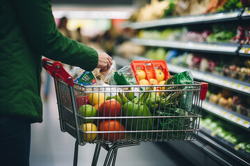 Wall Mural - carrying a shopping cart, doing grocery shopping in supermarket.