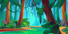 River In Jungle Forest Vector Background Scene. Tropical Cartoon Water Fantasy Game Landscape. Green Woods Near Bush, Pond And Amazon Plant. Beautiful Summer Outdoor Park With Palm On Riverside.