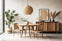 Minimalist Home Decor Is Exemplified In The Boho And Inviting Setting Of The Dining Room, Featuring A Circular Family Table, Rattan Chairs, A Stylish Pendant Lamp, A Drawer Chest, Plants, Decorative