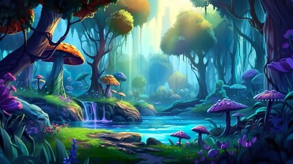 Wall Mural - Abstract background magical forest. illustration in a banner design, transporting viewers to a fantastical world of a magical forest illuminated by neon lights. Generative AI.