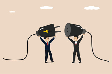 Teamwork collaboration or work meeting and discussion to get solution concept, smart businessman and entrepreneur, office people holding power plug to connect business.