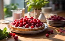 Delicious Raspberry Tart With Cream In A Beautiful Cozy Kitchen And White Dishes On A Sunny Day. Banner Or Poster Of Homemade Desserts, Cakes And Pies. Generative AI