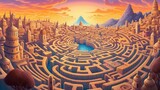 Fototapeta  - Abstract background labyrinths. An artistically rendered illustration in a banner design, immersing viewers in the intricate pathways and mystical ambiance of a magic labyrinth. Generative AI.