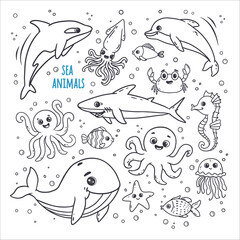 Wall Mural - set of cute sea creatures and underwater animals, doodle. Whale, orca, octopus, crab, fish, shark, jellyfish, squid, dolphin in sketch style. Outline. Vector illustration