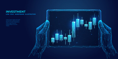 Leinwandbilder - Digital close-up human hand holding tablet with abstract stock market candlestick. First-person view of trading app on technological background. Low poly wireframe vector illustration with 3D effect