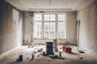 A room is currently undergoing renovation in a sophisticated apartment, ready for relocation. It features a paint bucket and walls that have been flattened with drywall.