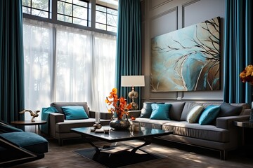 Wall Mural - Contemporary living room interior adorned with exquisite window curtains.