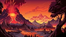 Abstract Background Fire Volcanoes And Lava. A Fiery Illustration In A Banner Design, Depicting The Intense Power Of Erupting Volcanoes Against A Dramatic Background. Generative AI.