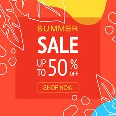 Wall Mural - Summer sale banner template. Abstract organic shapes floral background. Vector illustration for web banner, social media post, mobile app, internet ads